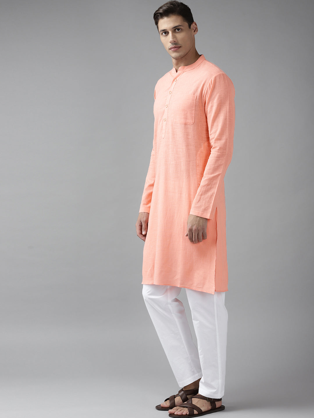 Men Peach Cotton Slub Straight Kurta with Pyjama