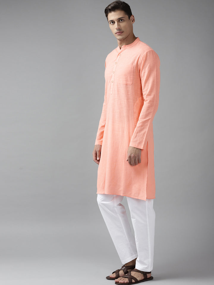 Men Peach Cotton Slub Straight Kurta with Pyjama