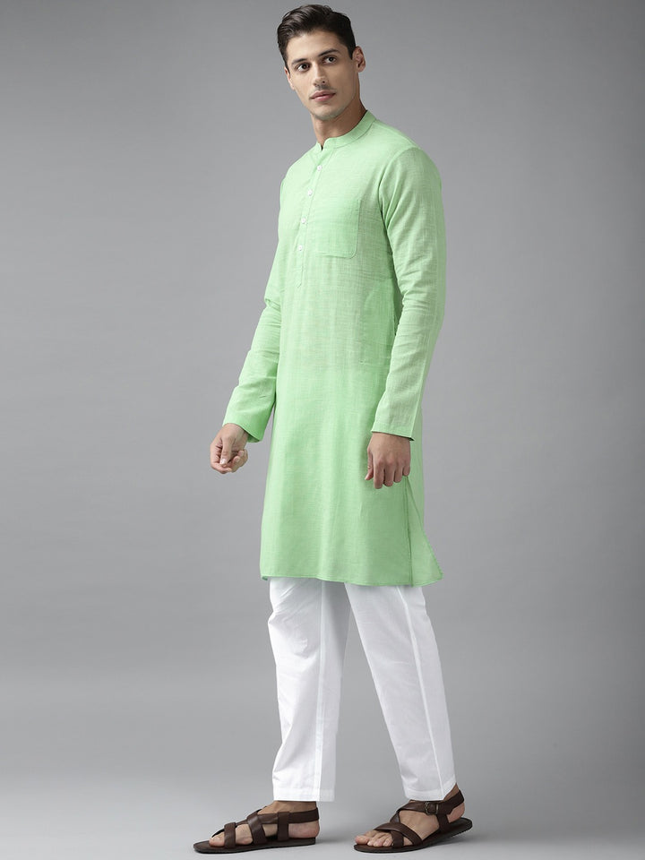 Men Green Cotton  Straight Kurta with Slub Effect With Pyjama