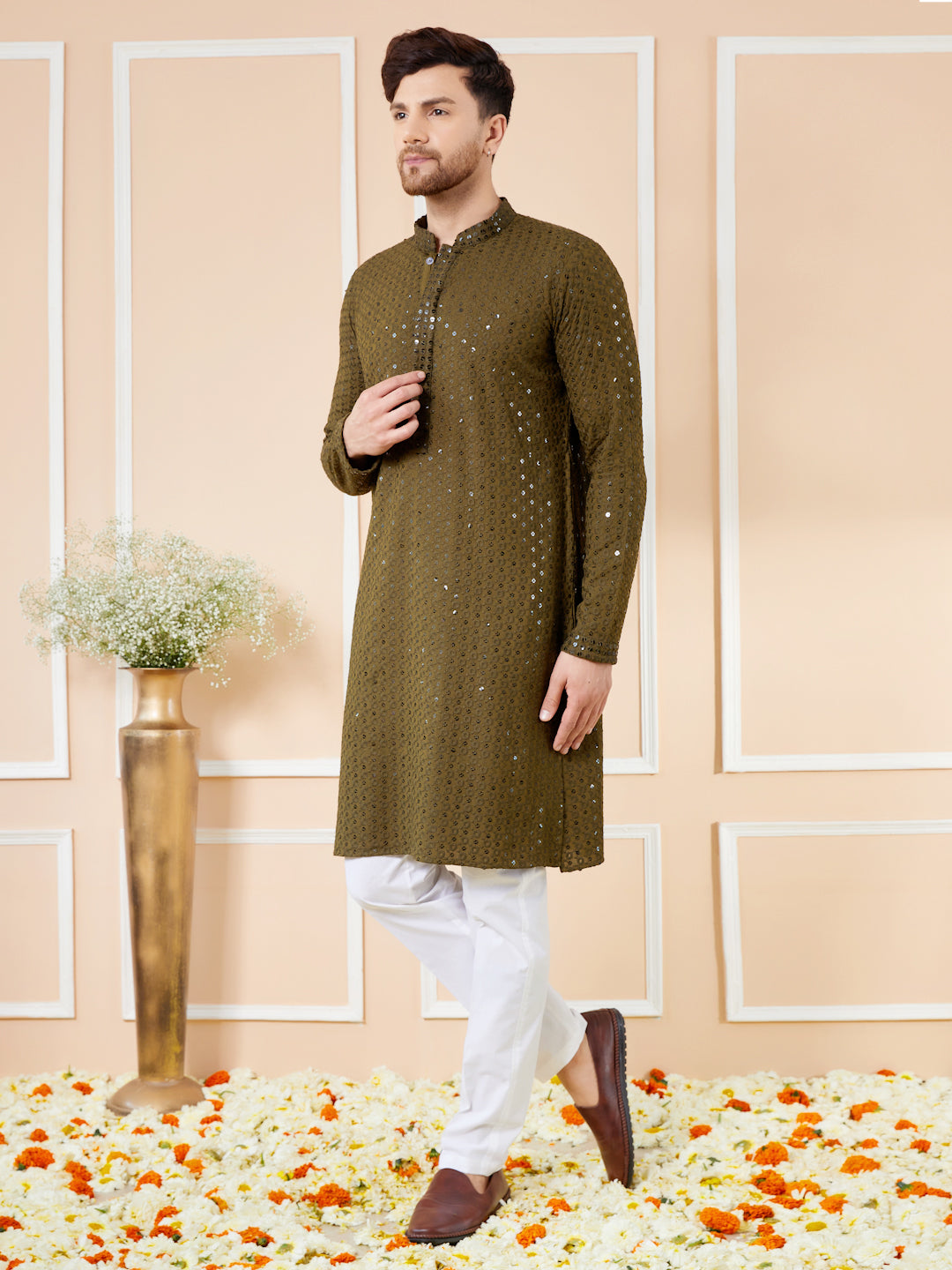 Olive Sequins Embroidered Rayon Kurta with Pyjama