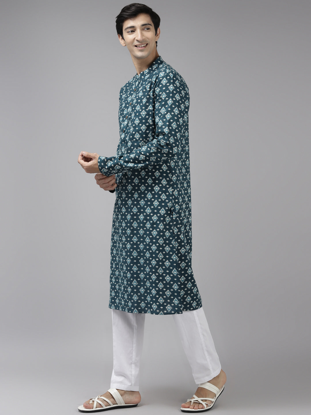 Men Green & Beige Printed Pure Cotton Straight Kurta With Pyjama