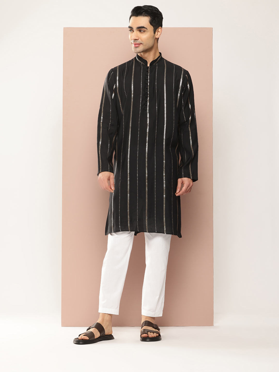 Men's Black & Gold Sequined Chanderi Silk Kurta