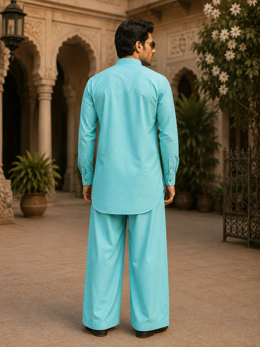 Men's Light Blue Rayon Solid Pathani Set