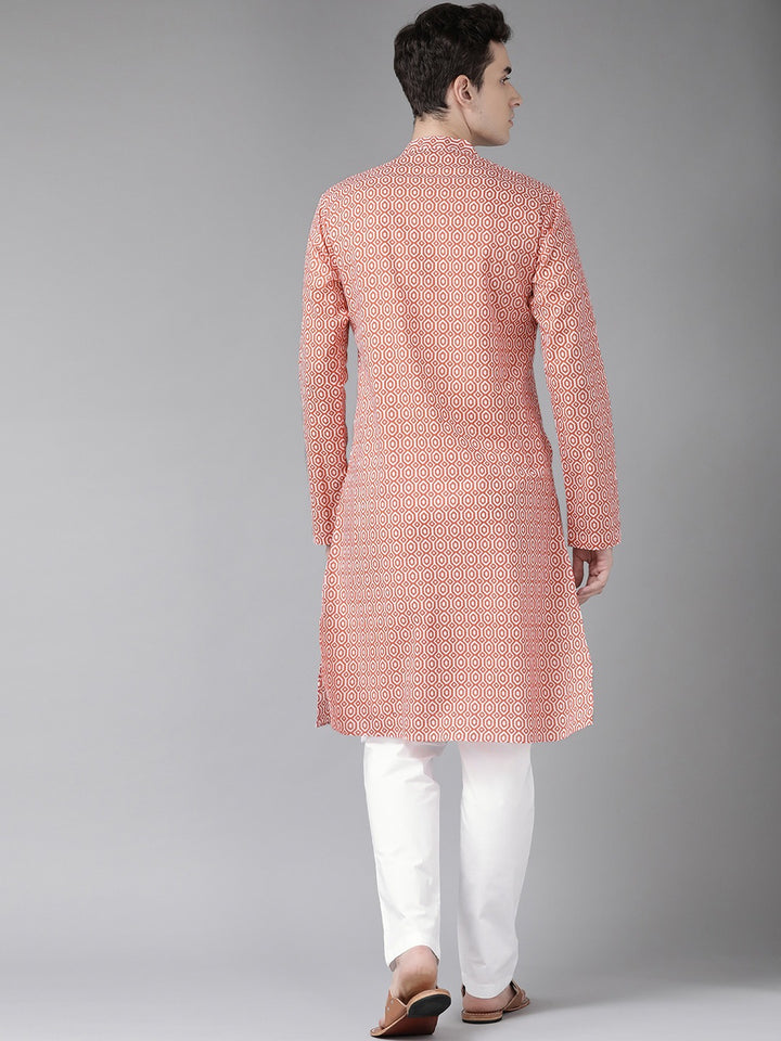 Men Peach And White Printed Straight Kurta