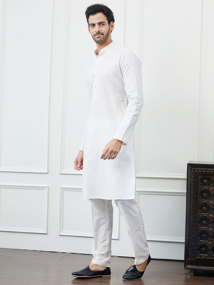 Solid Pure Cotton Straight Kurta with Embroidered Sequin Neck Design