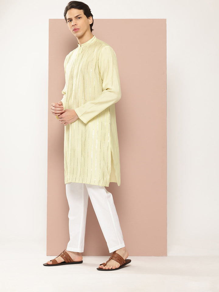 Men's Pista Green Embroidered Thread Work Sequined Chanderi Silk Kurta
