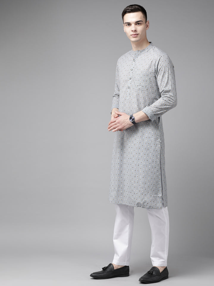 Men Grey & Gold Printed Straight Kurta