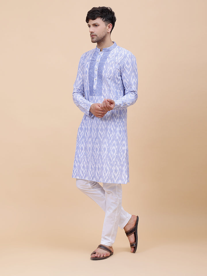 Printed Ikat Pure Cotton Straight Kurta with Embroidered Neck Design