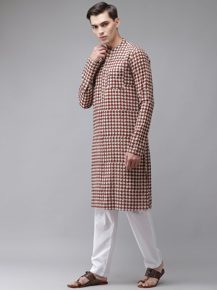 Men Beige And Maroon Hand Block Print Sustainable Straight With Kurta Pyjama