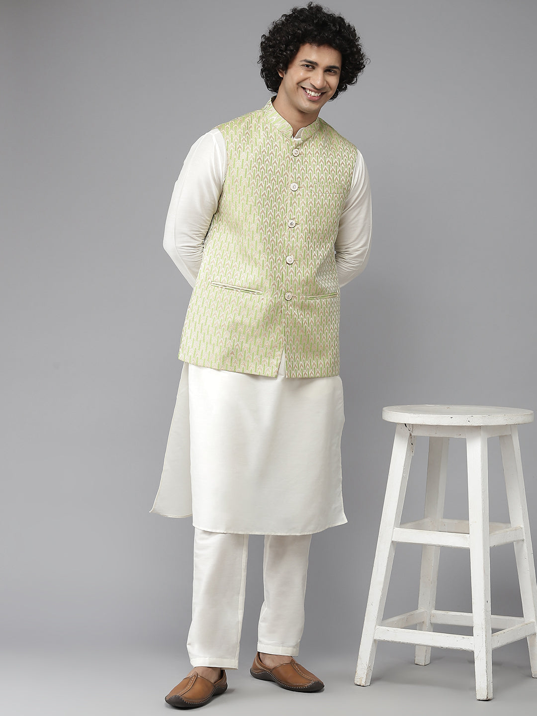 Men Green & White Woven Jacquard Nehru jacket