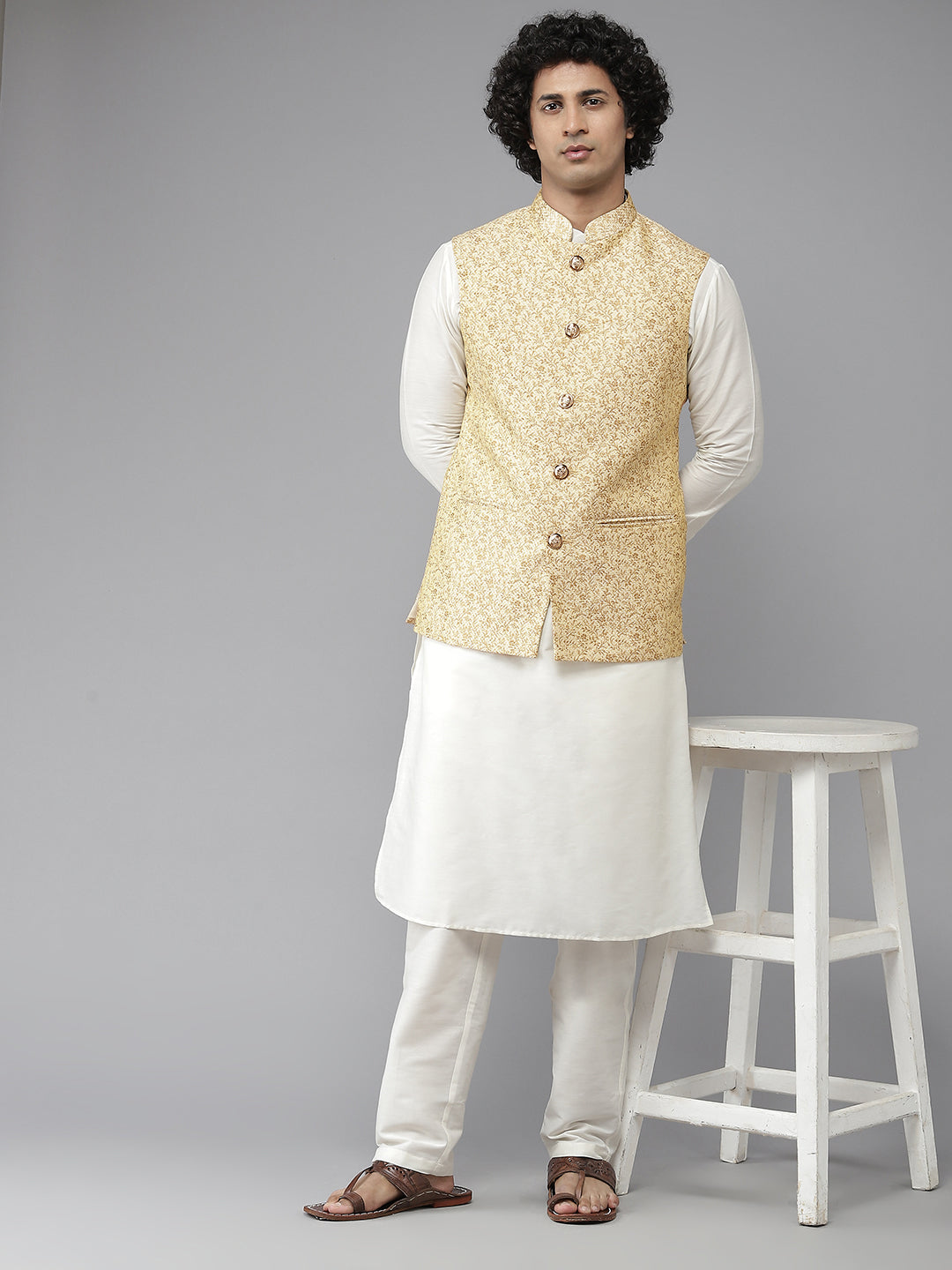 Men Gold & White Woven Jacquard Nehru jacket