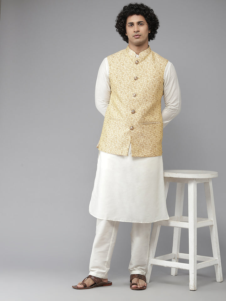 Men Gold & White Woven Jacquard Nehru jacket