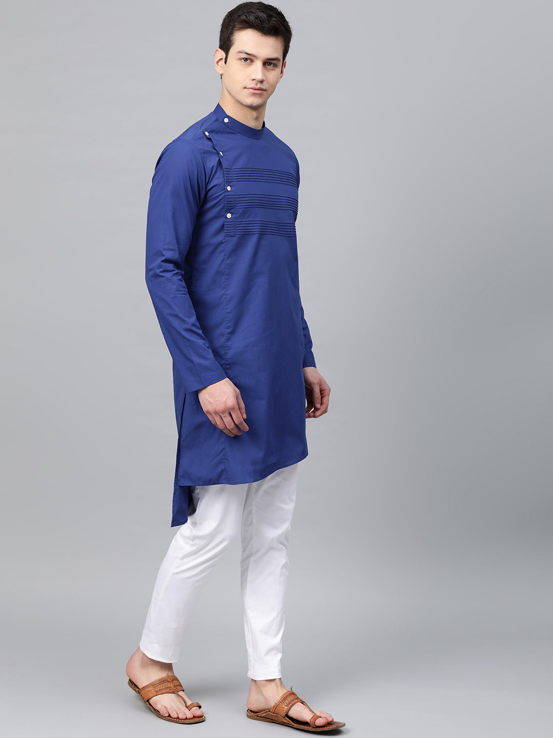 Royal Blue Solid Straight Kurta With Yoke Thread Work With Kurta Pyjama