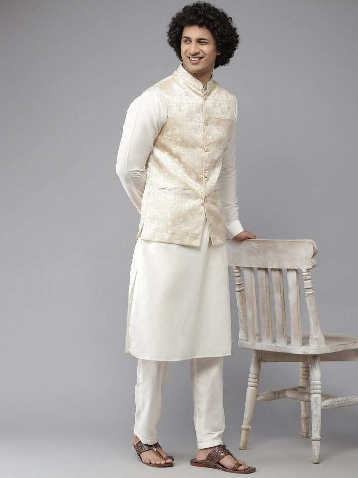 Men Gold & White Woven Jacquard Nehru jacket