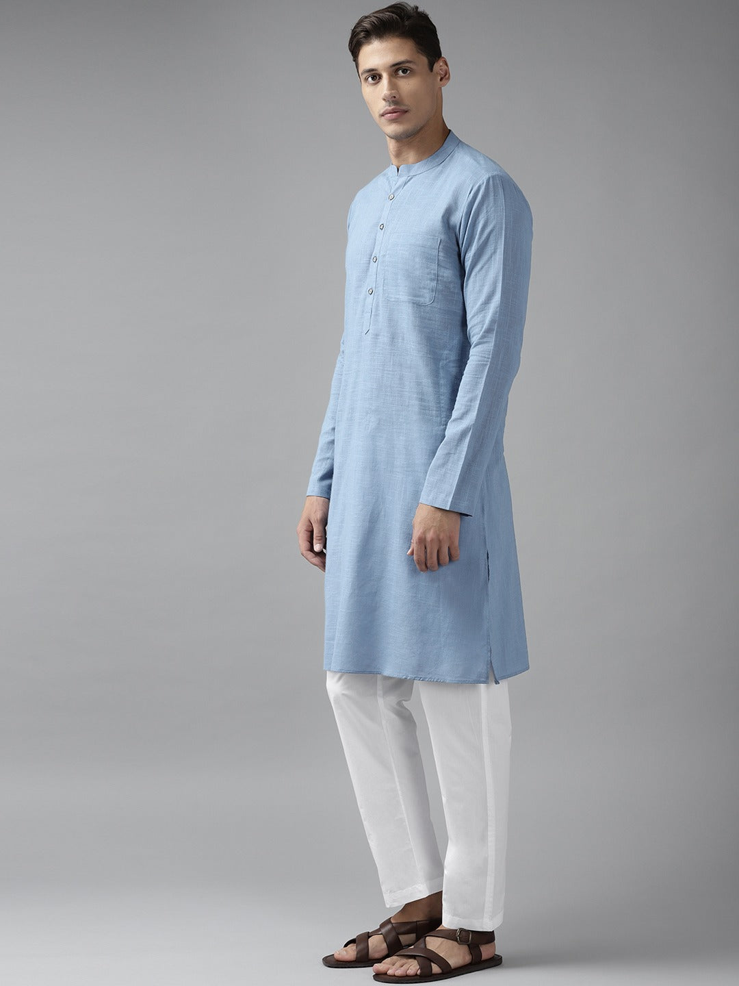 Men Blue Cotton  Straight Kurta with Slub Effect With Pyjama