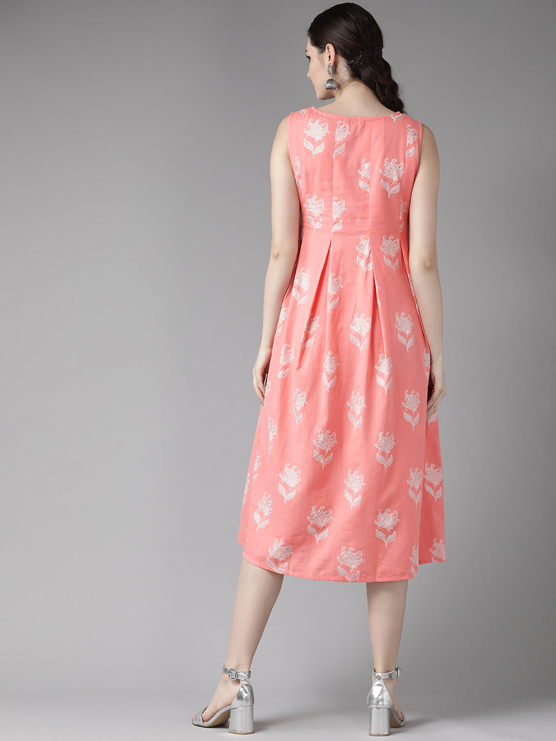 Peach Khari Floral Printed Box Pleated A-Line Dress