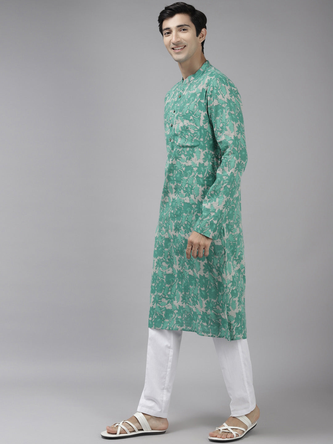 Men Green And Beige Printed Pure Cotton Straight Kurta