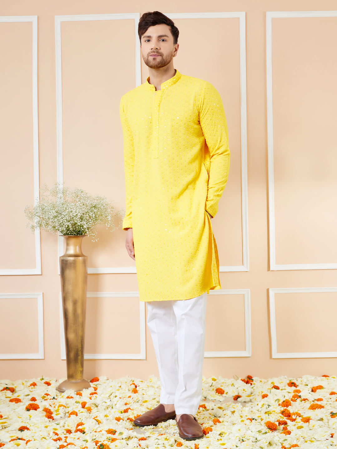 Yellow Sequins Embroidered Rayon Kurta with Pyjama