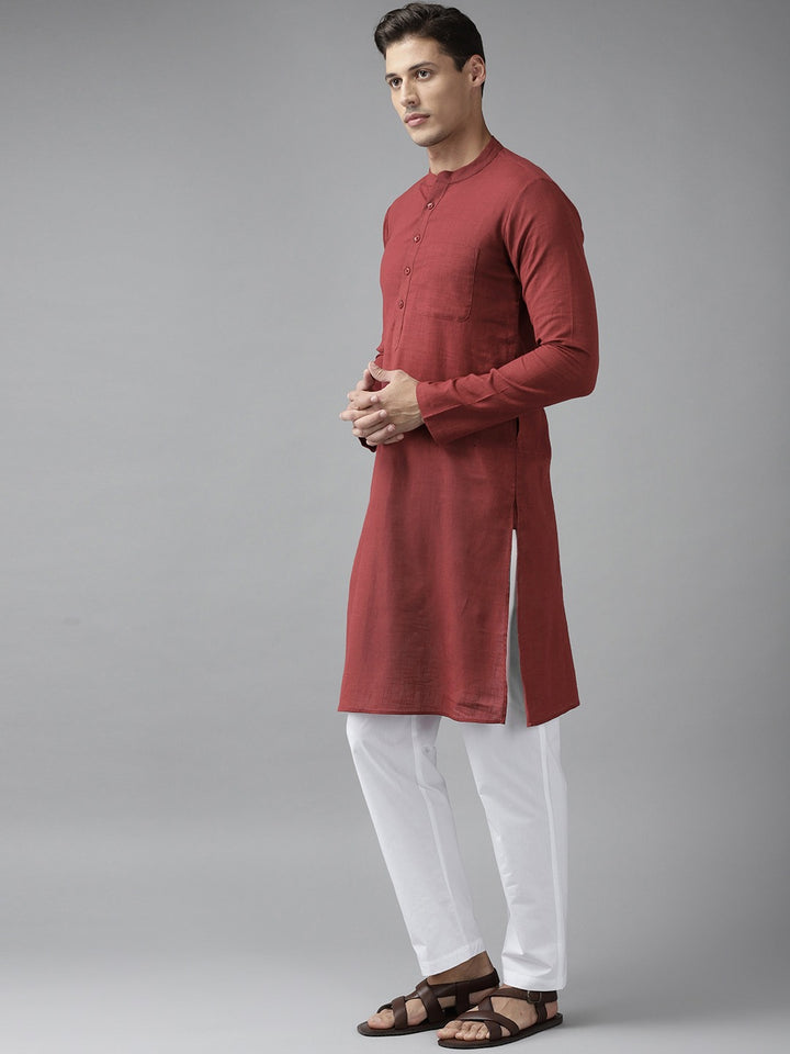 Men Maroon Cotton Slub Straight Kurta with Pyjama