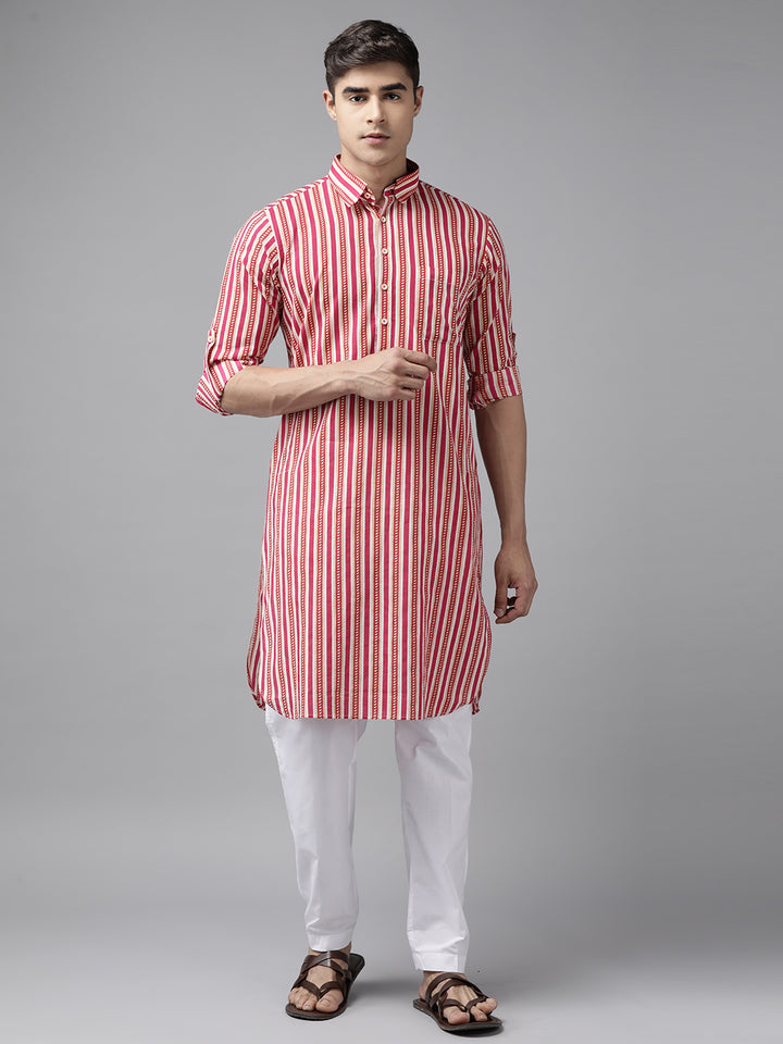 Men Fuchsia Pink Regular Pure Cotton Pathani Kurta with white Salwar