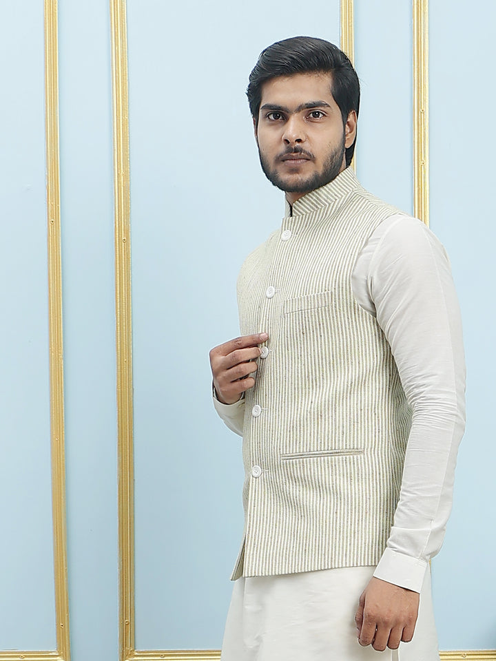 Pure Silk Straight Kurta & Pyjama Set with Handwoven Nehru Jacket