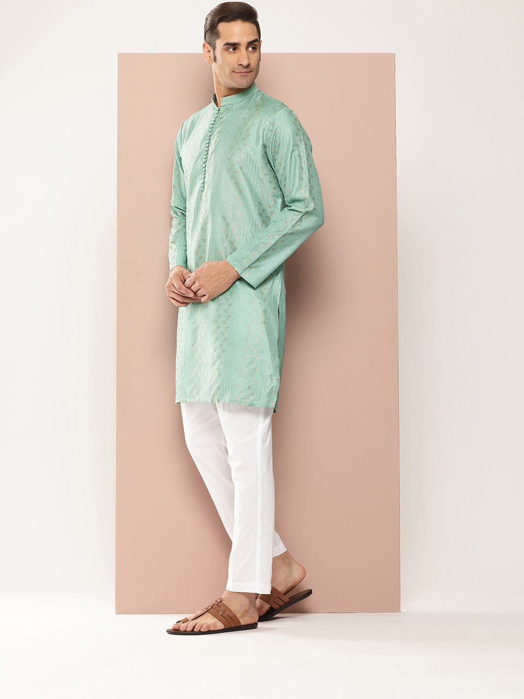 Men’s Ice Green Chanderi Silk Kurta with Embroidery and Sequins, Paired with Pyjama