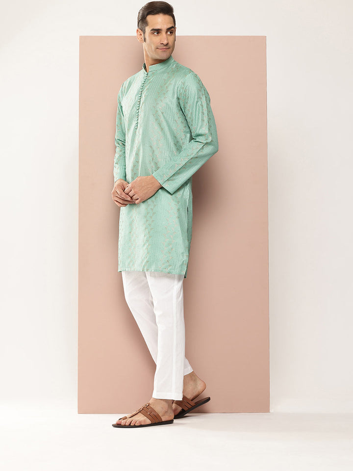 Men’s Ice Green Chanderi Silk Kurta with Embroidery and Sequins, Paired with Pyjama