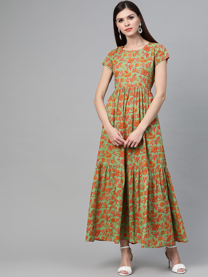 Green & Orange Floral Printed Double Layered Maxi Dress