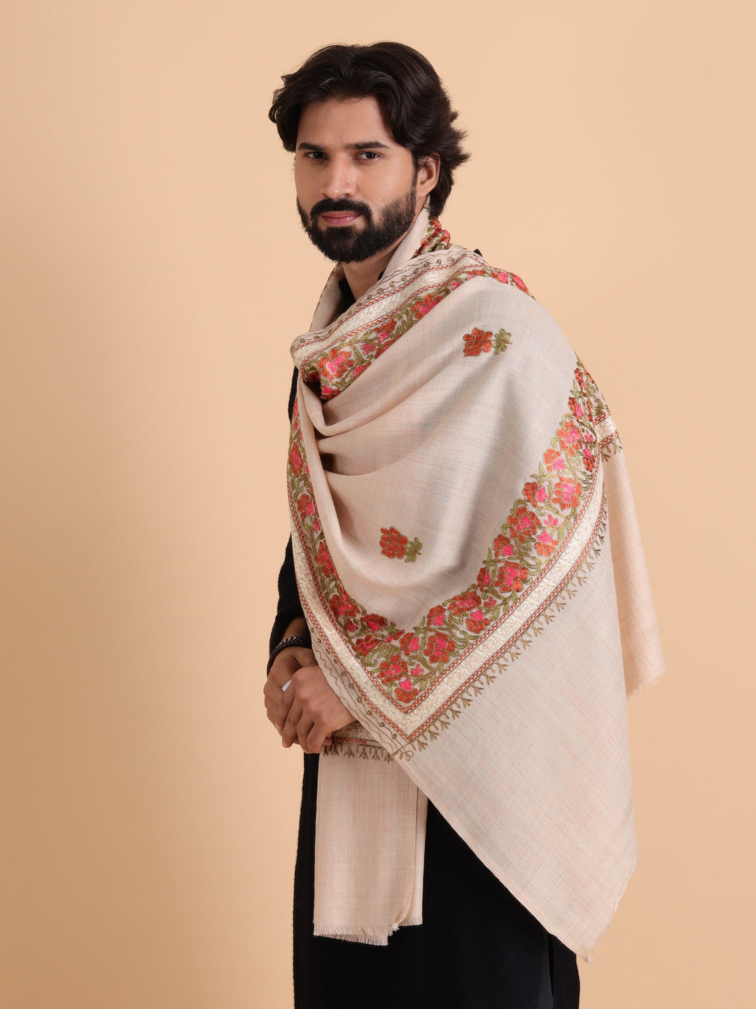 Tweedle Fine Wool Kashmiri Embroidery Stole / Scarf for Men, Off-White (Size-28x80)