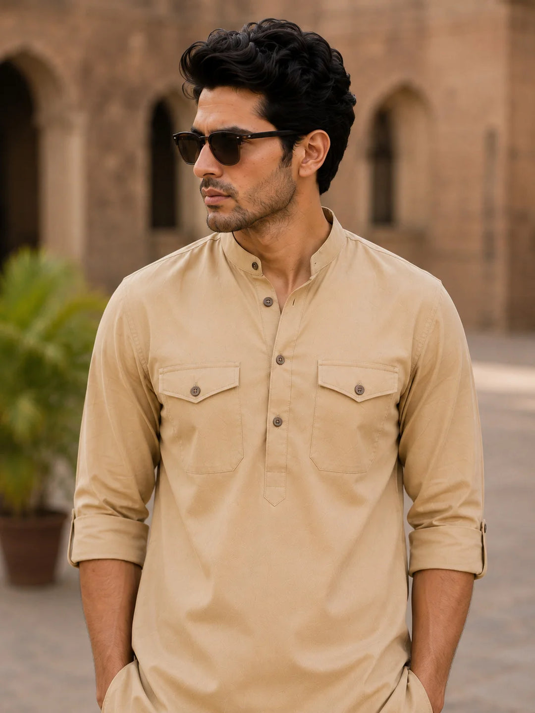 Men's Beige Rayon Solid Pathani Set