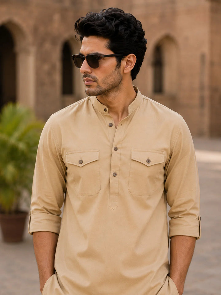 Men's Beige Rayon Solid Pathani Set