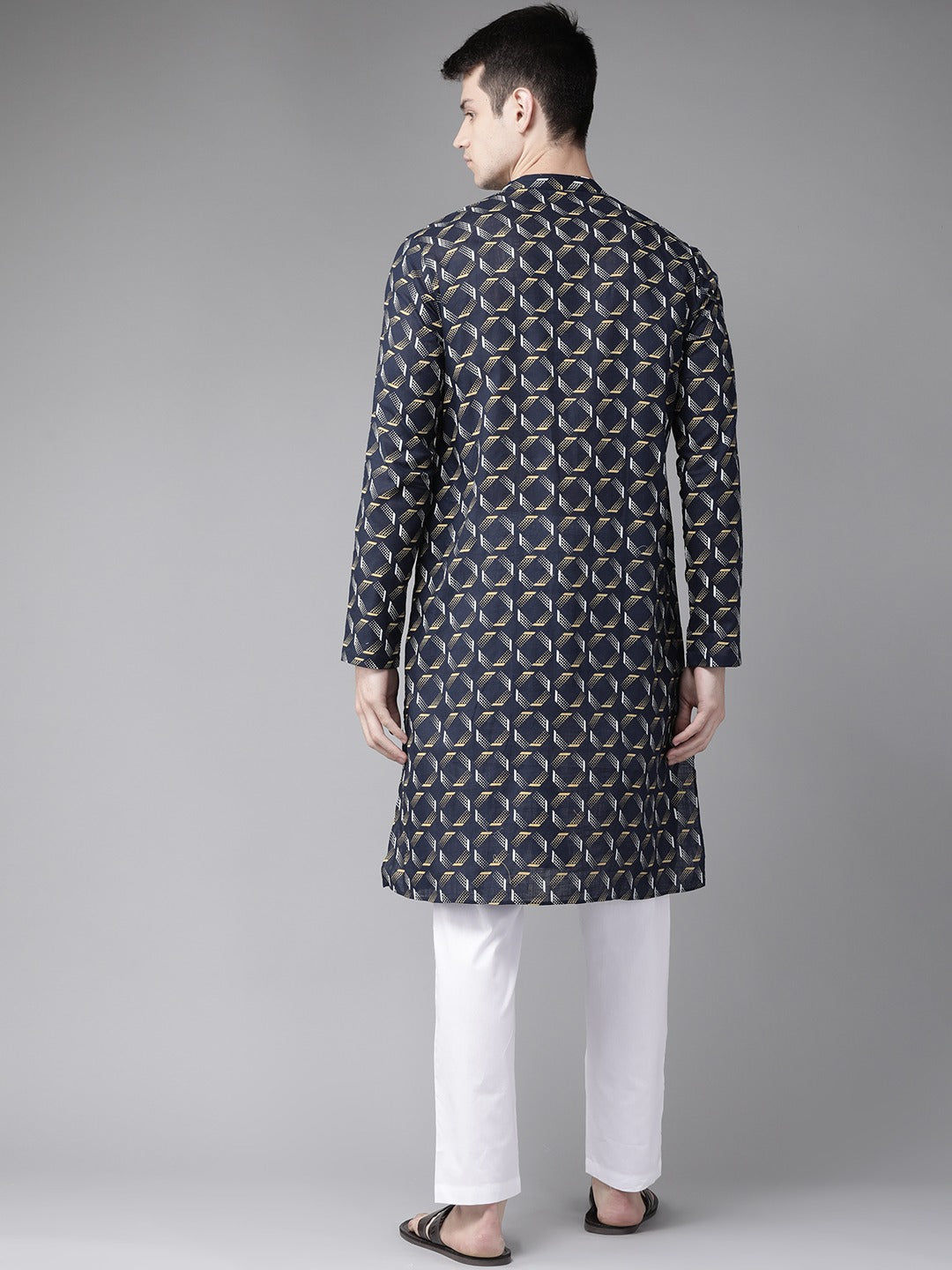 Men Navy Blue & Gold Printed Straight Kurta