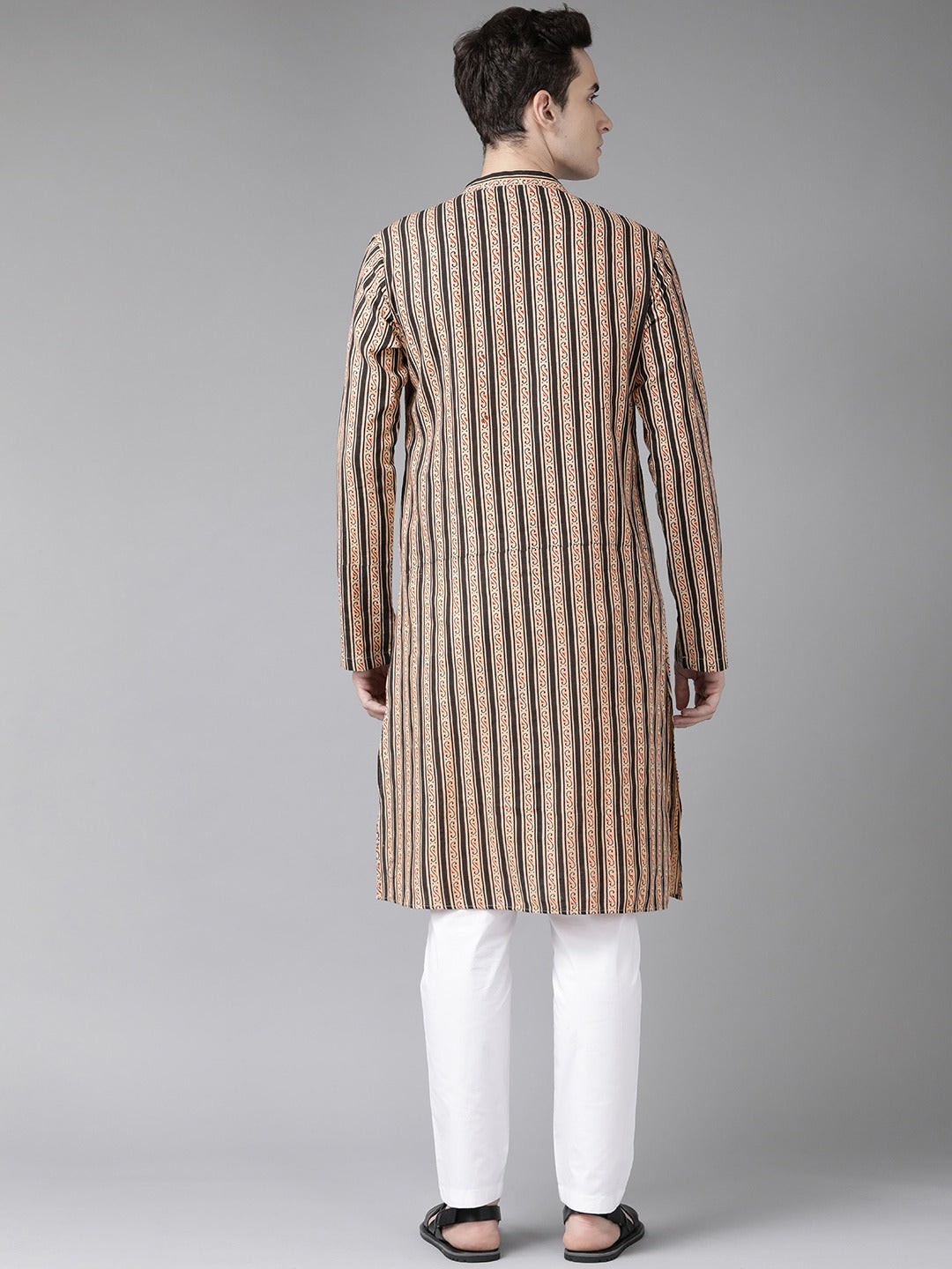 Men Beige And Black Printed Straight Kurta