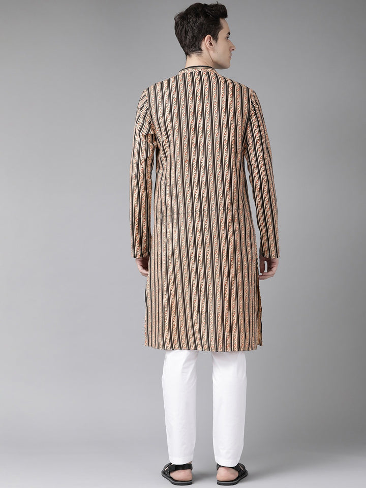 Men Beige And Black Printed Straight Kurta