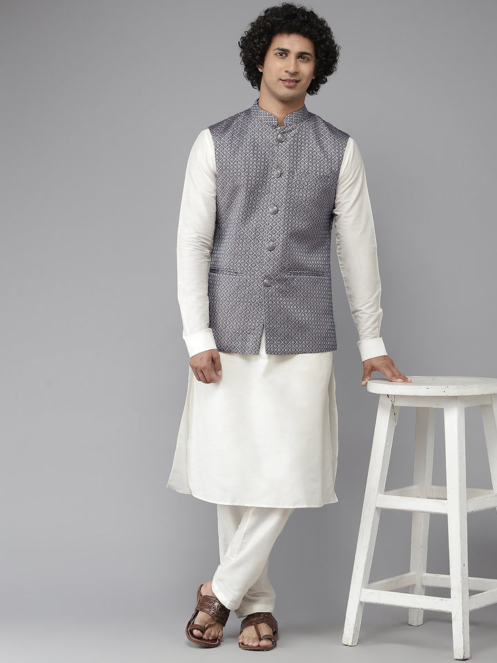Men Blue & White Woven Jacquard Nehru jacket