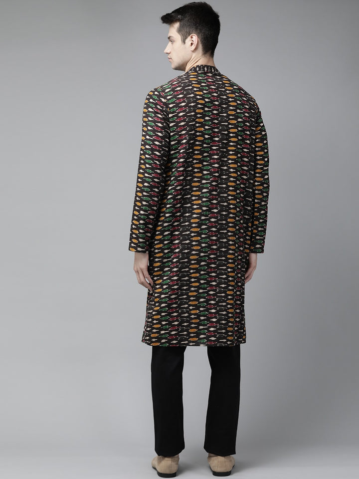 Men Black And Gold Kalamkari Block Printed Straight Sustainable Kurta