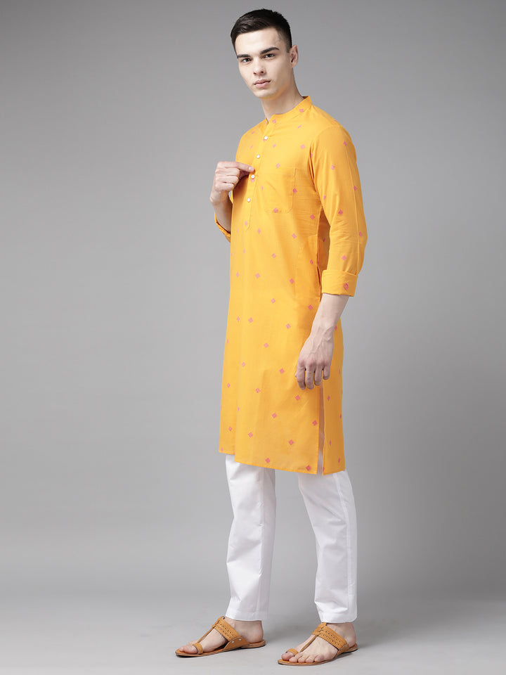Men Yellow & Maroon  Woven Design Straight Kurta With Pyjama