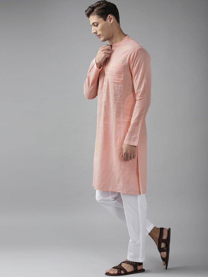 Men Light Pink Cotton Slub Straight Kurta with Pyjama