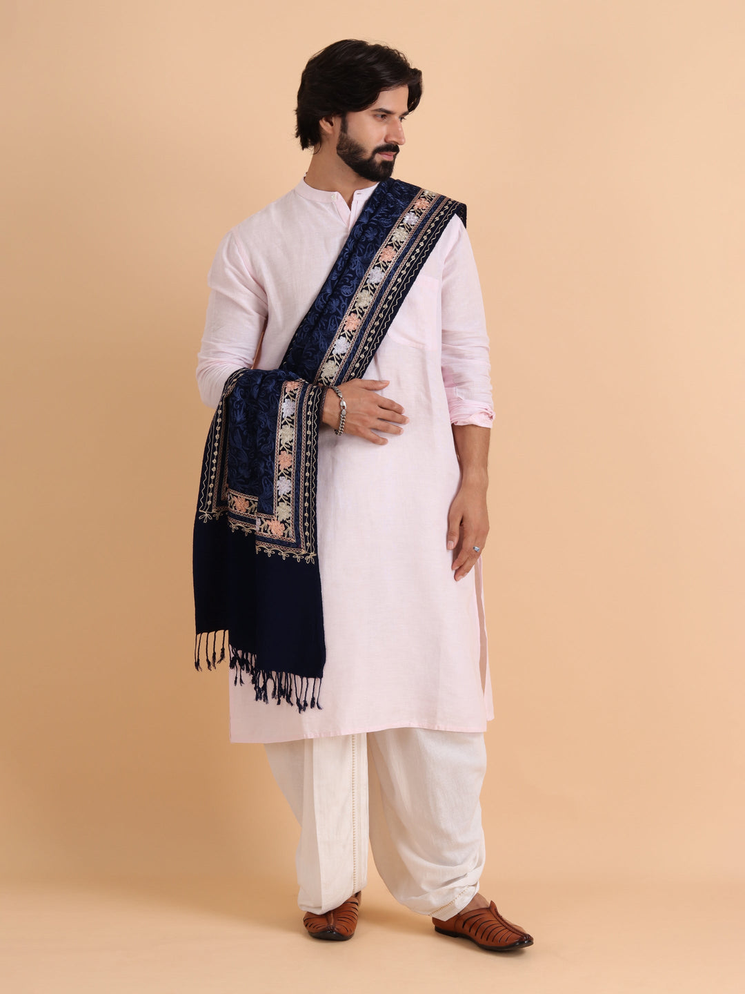 Tweedle Men's Acro Wool Kashmiri Embroidery Stole, Navy Blue, Size - 28 x 80 inches