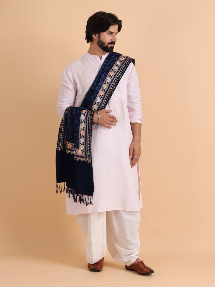Tweedle Men's Acro Wool Kashmiri Embroidery Stole, Navy Blue, Size - 28 x 80 inches