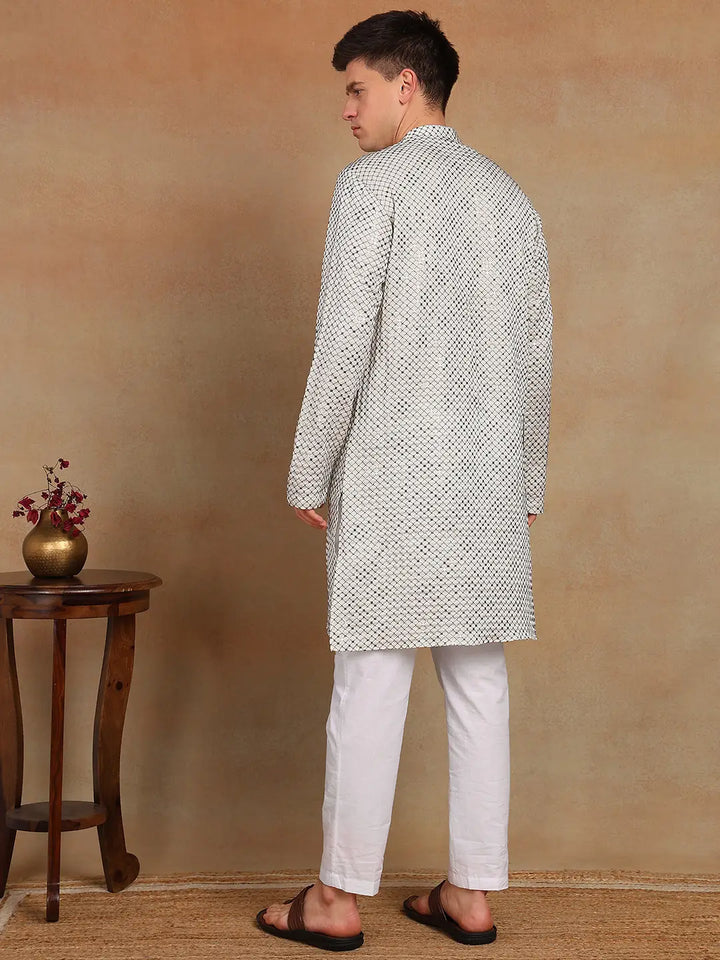Men White Sequins Embroidered Straight Kurta with Pyjama – White