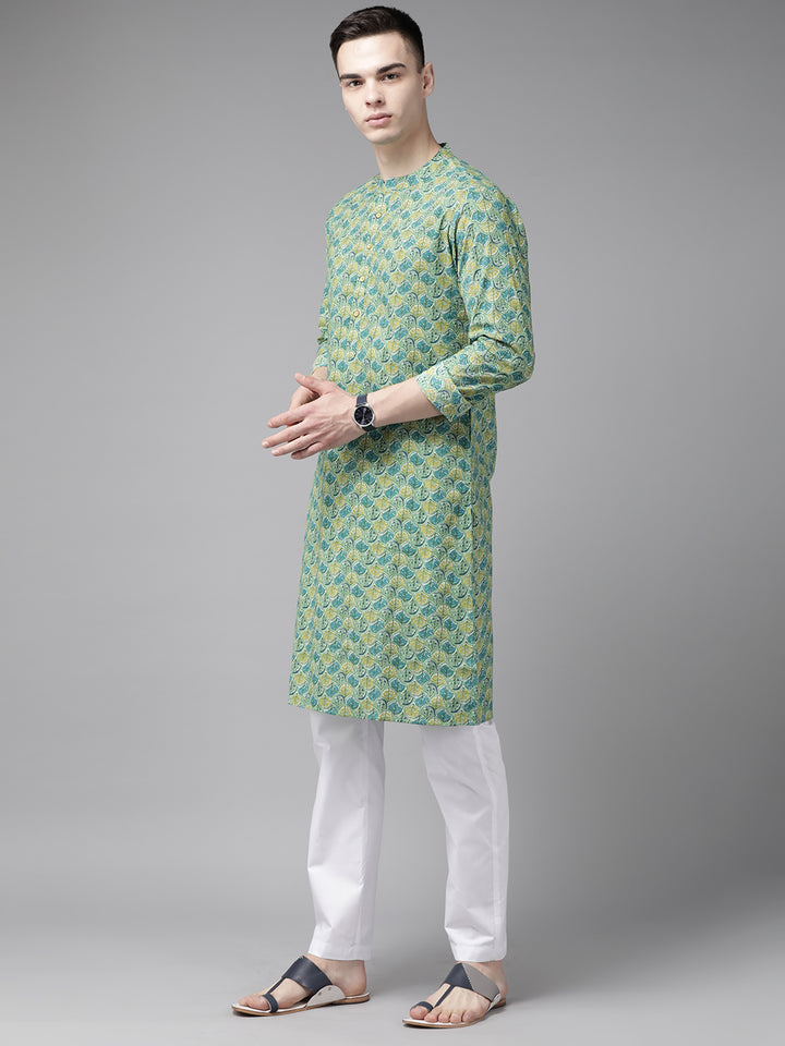 Multi Green Pure Cotton Straight Kurta With Pyjama
