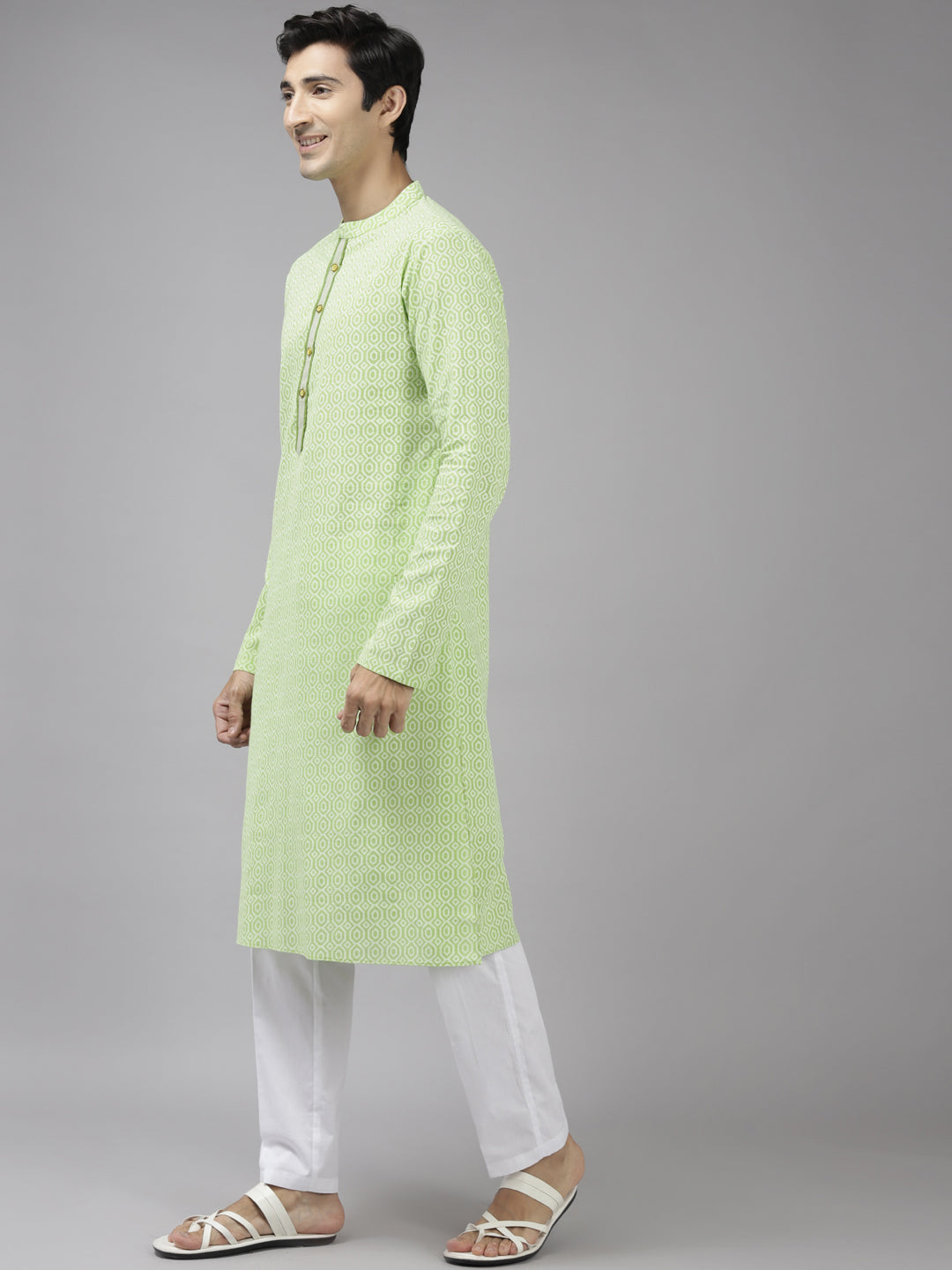 Men Lime Green & White Printed Pure Cotton Straight Kurta With Pyjama
