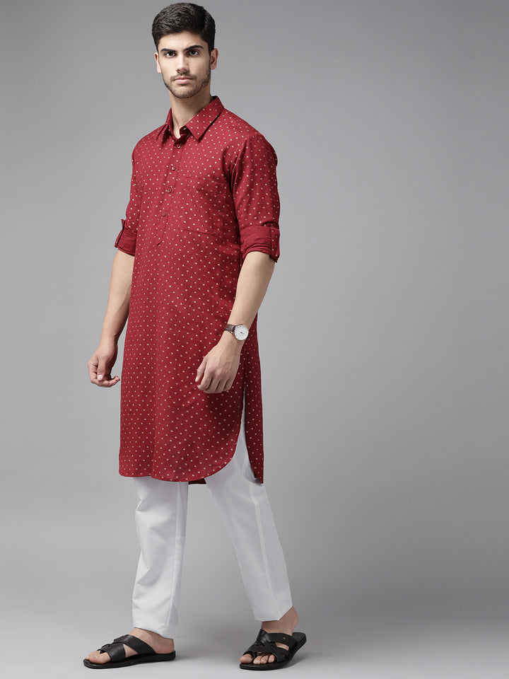 Men Maroon Regular Pure Cotton Pathani Kurta with white Salwar