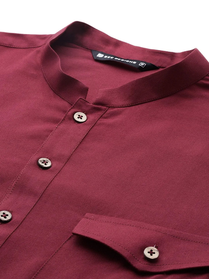 Men's Maroon Rayon Solid Pathani Set