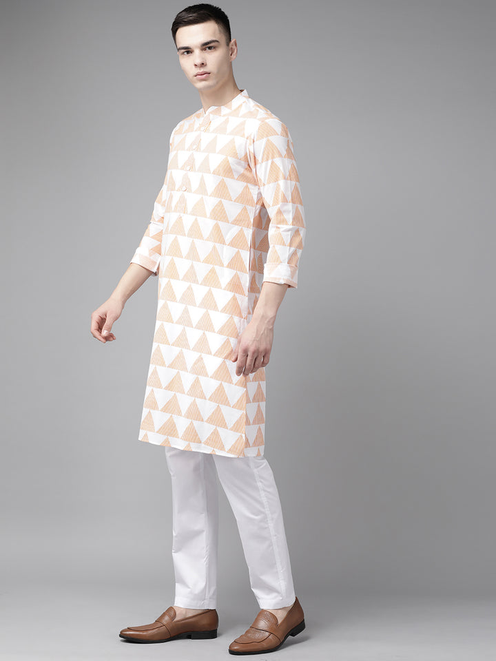 Men White & Yellow Stripe Printed Straight Kurta With Pyjama