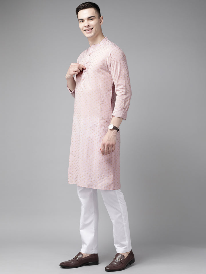 Men Pink and Gold Printed Straight Kurta
