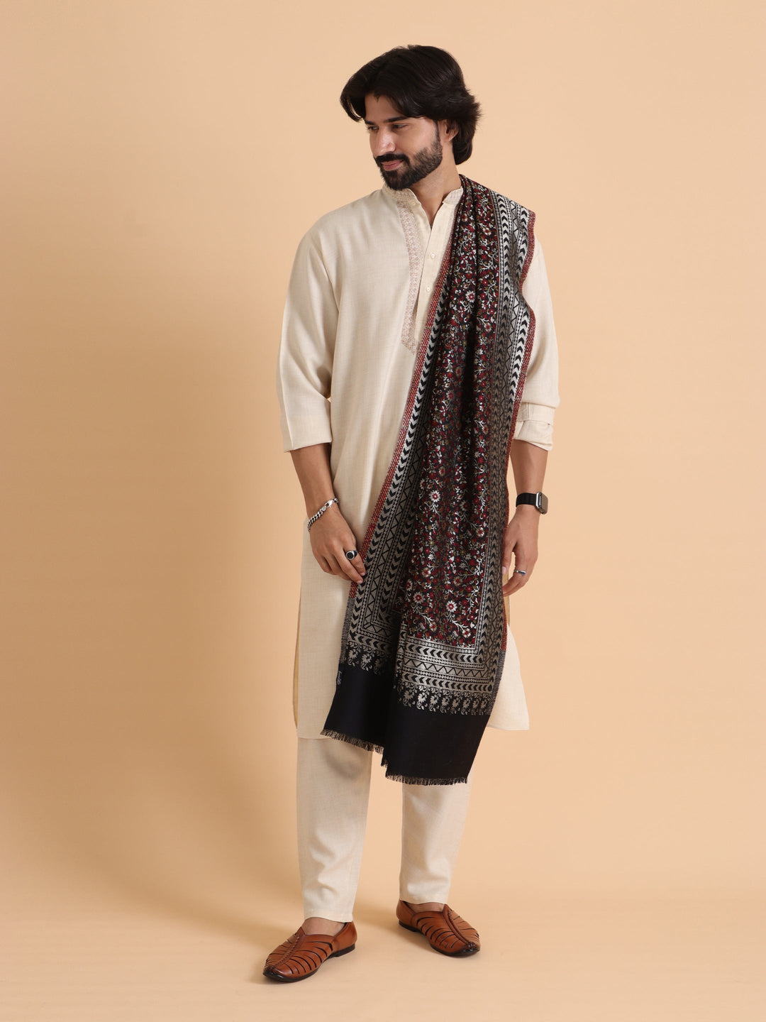 Tweedle Floral Design Kani Zari Shawl for Men - Black, Size - 28 x 80 inches