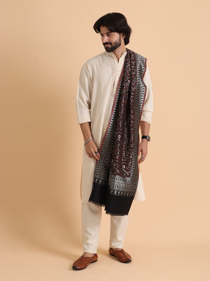 Tweedle Floral Design Kani Zari Shawl for Men - Black, Size - 28 x 80 inches