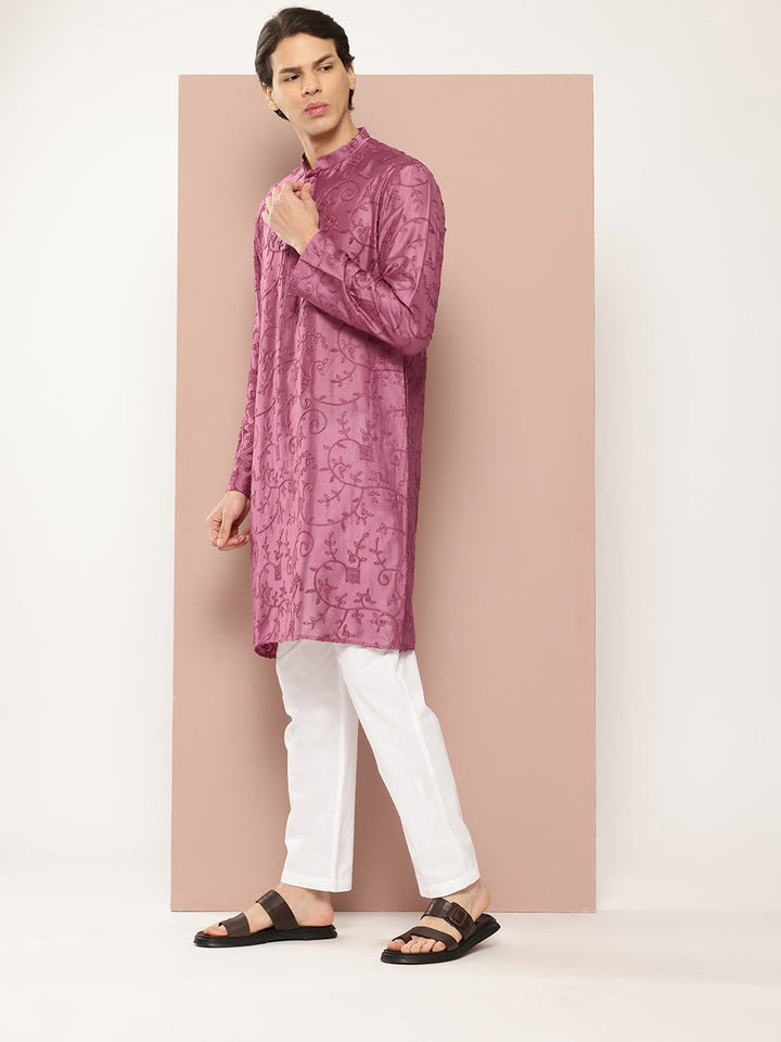 Men's Magenta Embroidered Thread Work Chanderi Silk Straight Kurta